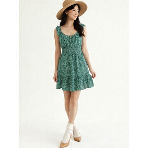 Cottagecore tradwife green High waist pleated ruffle summer dress